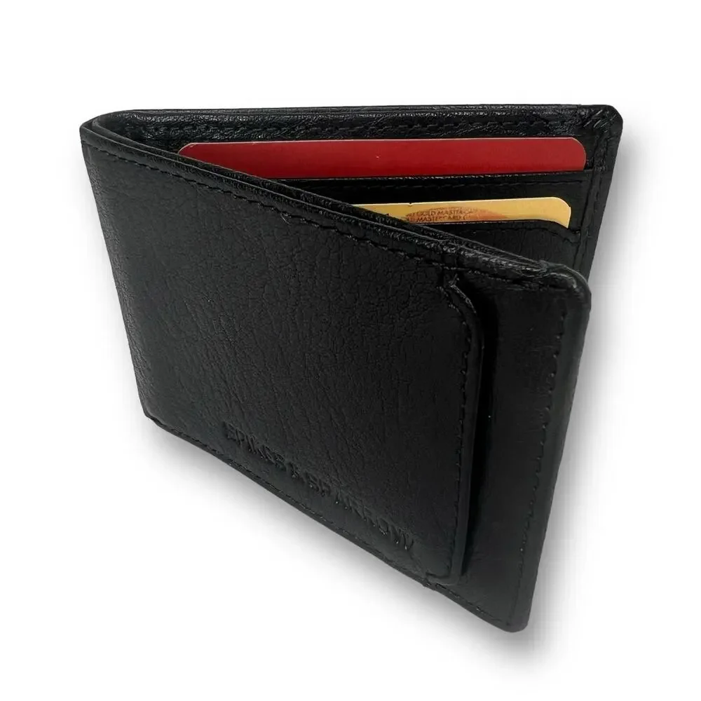 Spikes and Sparrow Mens Black Leather Classic Bifold Wallet Slim Cards ID Window